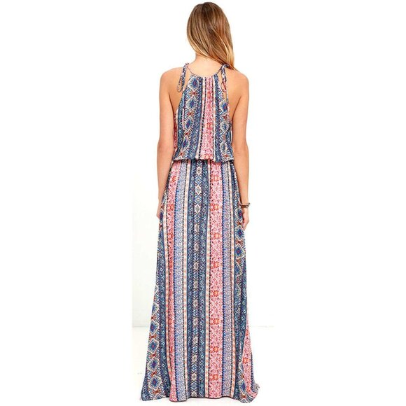 LuLus Estuary Orange Print Boho Maxi Dress Elastic Waist Side Slits Adj Ties SM - Picture 9 of 13